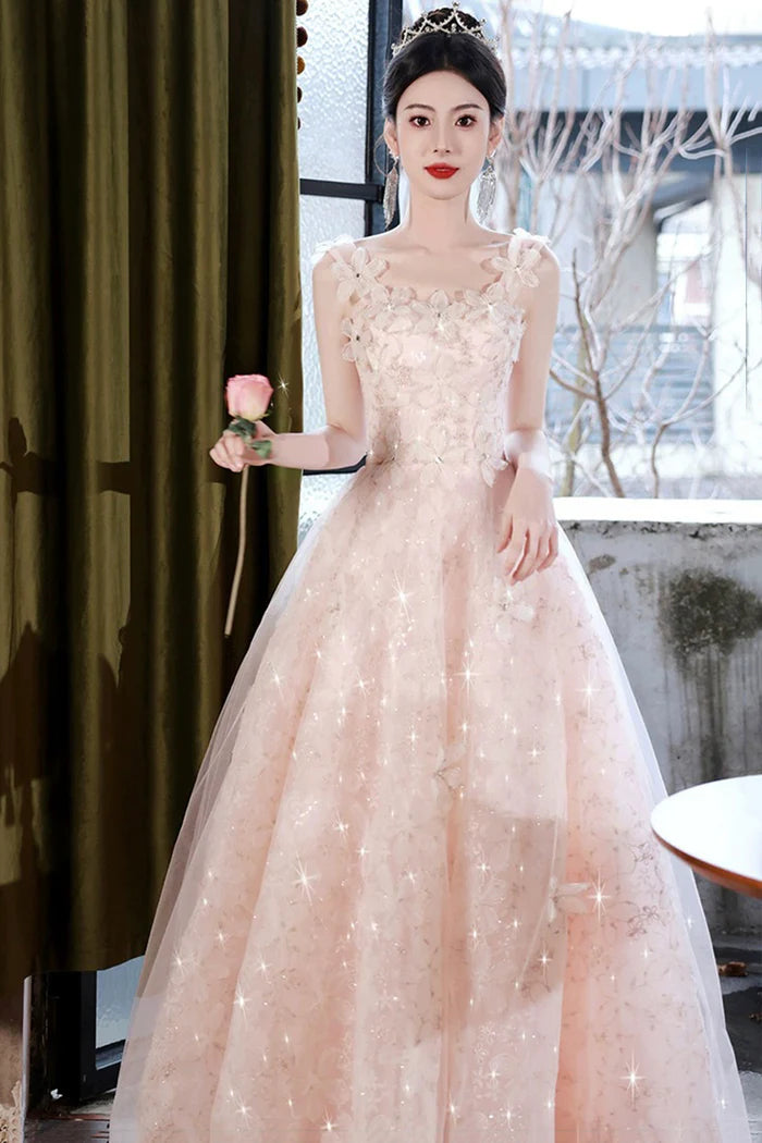 Pink Flowers Tulle Long Prom Dress, Pink A-line Evening Party Dress