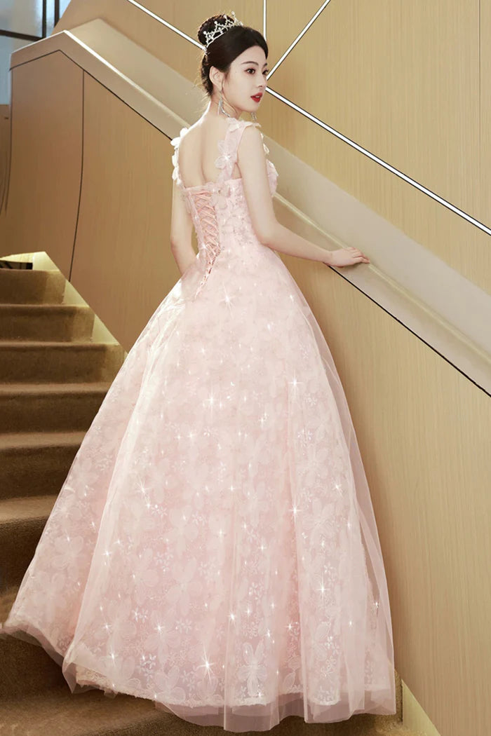 Pink Flowers Tulle Long Prom Dress, Pink A-line Evening Party Dress