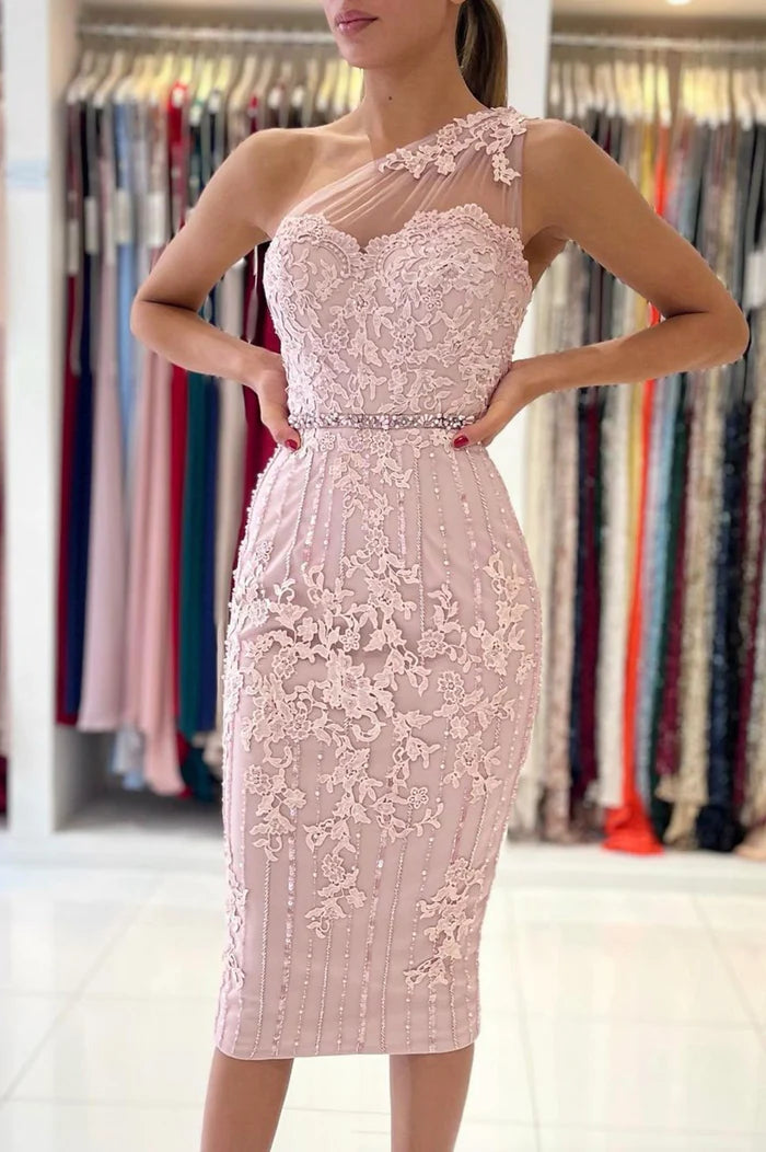 Pink Lace One Shoulder Prom Dress, Cute Homecoming Party Dress