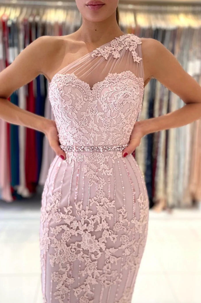 Pink Lace One Shoulder Prom Dress, Cute Homecoming Party Dress