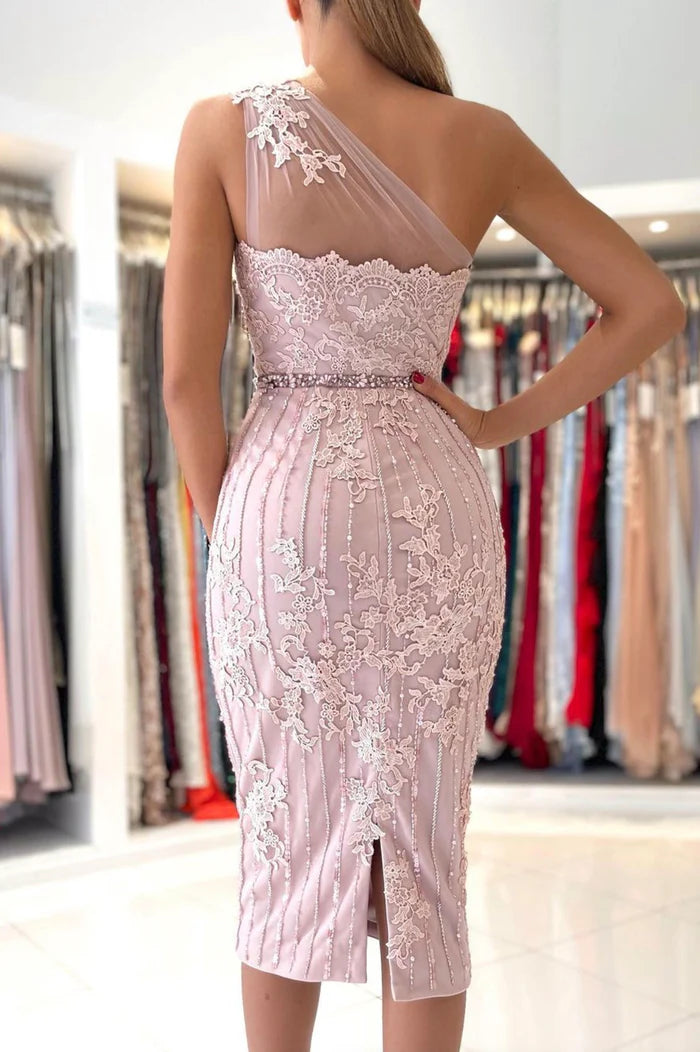 Pink Lace One Shoulder Prom Dress, Cute Homecoming Party Dress