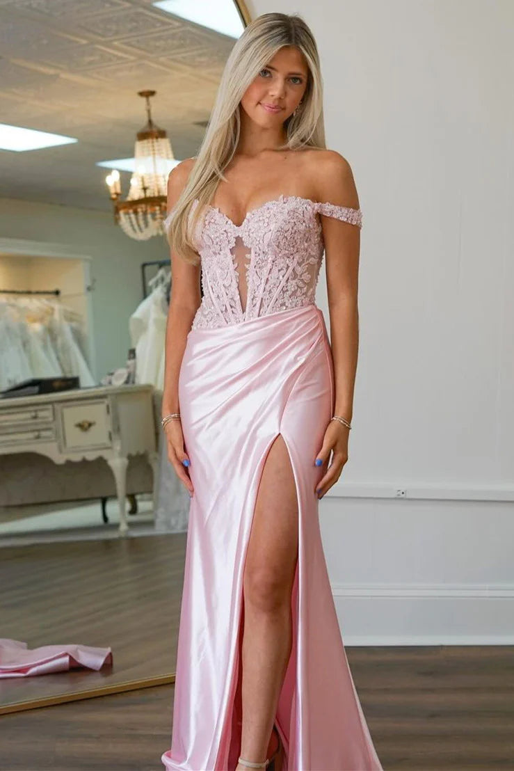 Pink Mermaid Off The Shoulder Lace Top Long Sequin Prom Dress