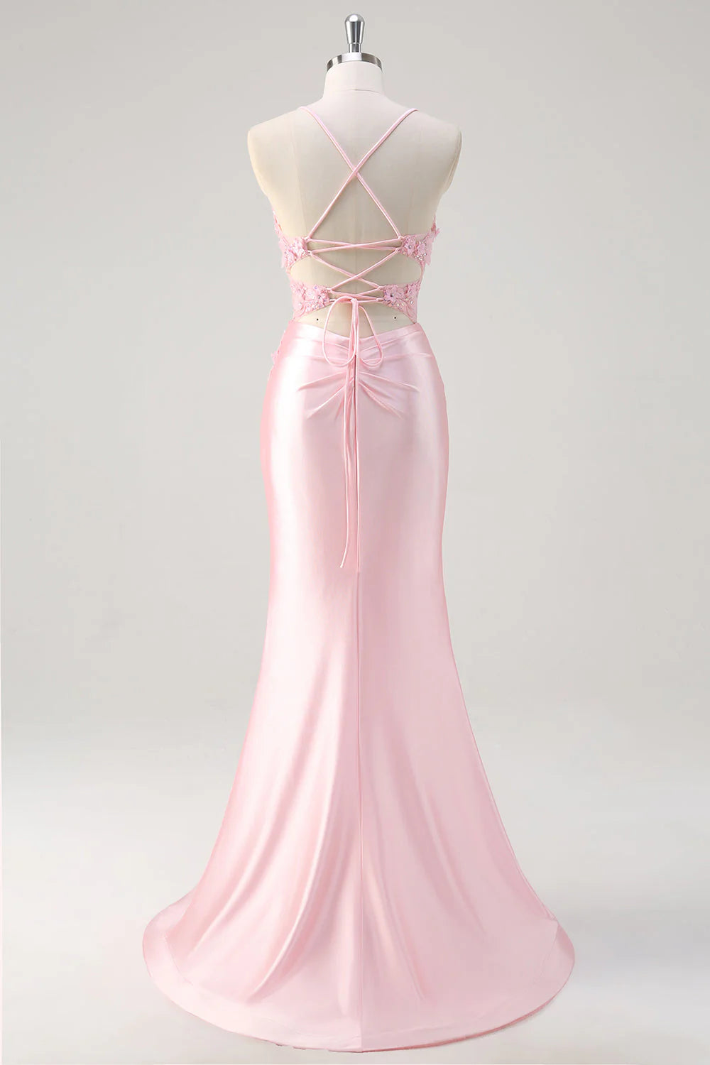 Pink Mermaid Spaghetti Straps Corset Floral Ruched Beaded Prom Dress with Slit