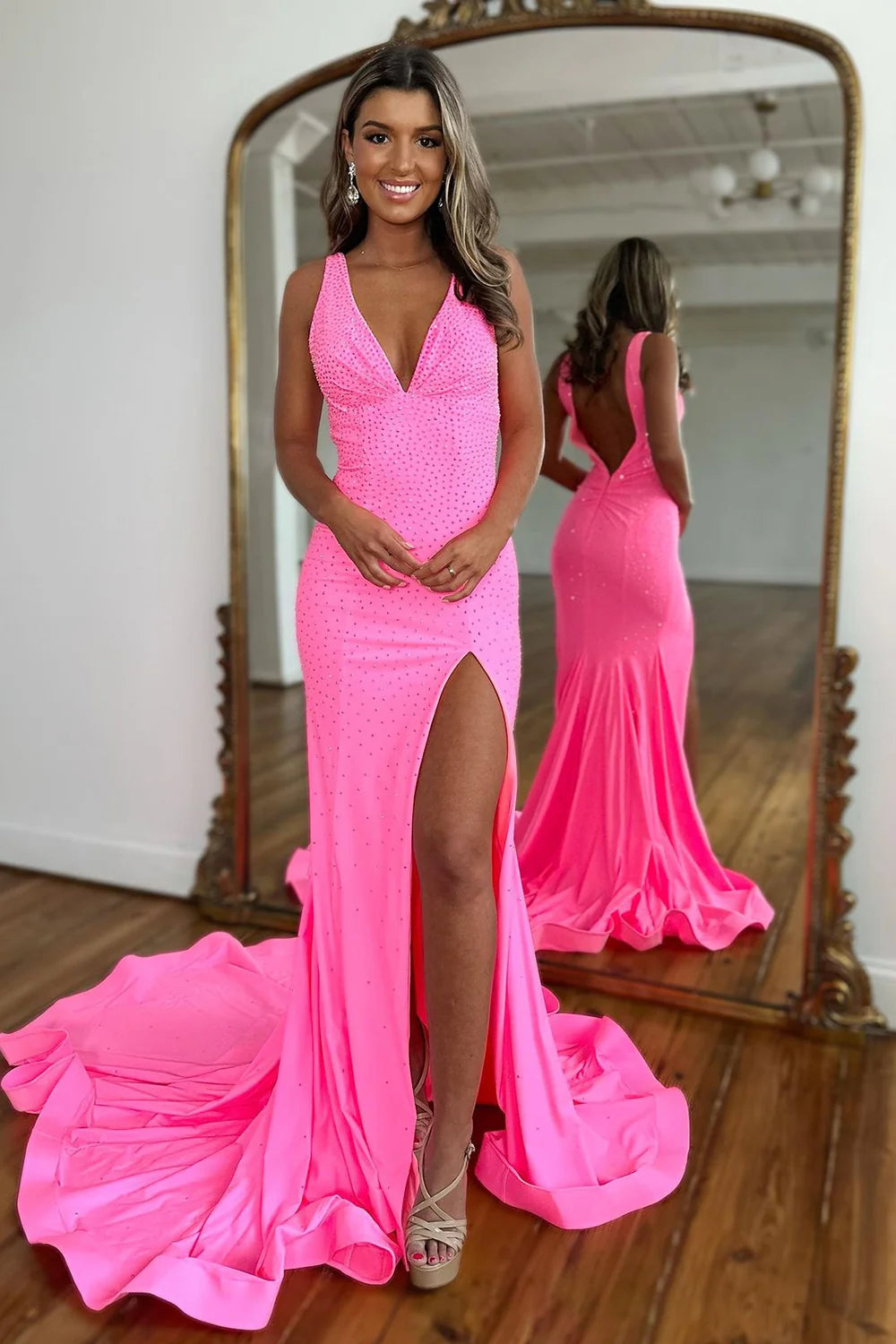 Sparkly Pink Mermaid V-Neck Sweep Train Beaded Prom Dress