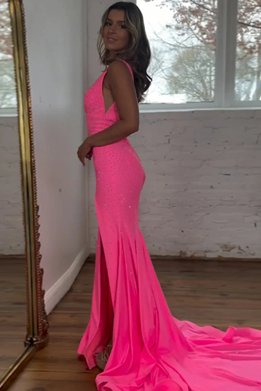 Sparkly Pink Mermaid V-Neck Sweep Train Beaded Prom Dress