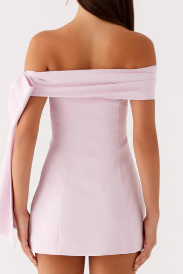 Pink Off-Shoulder Satin Short Homecoming Cocktail Dress with Bow