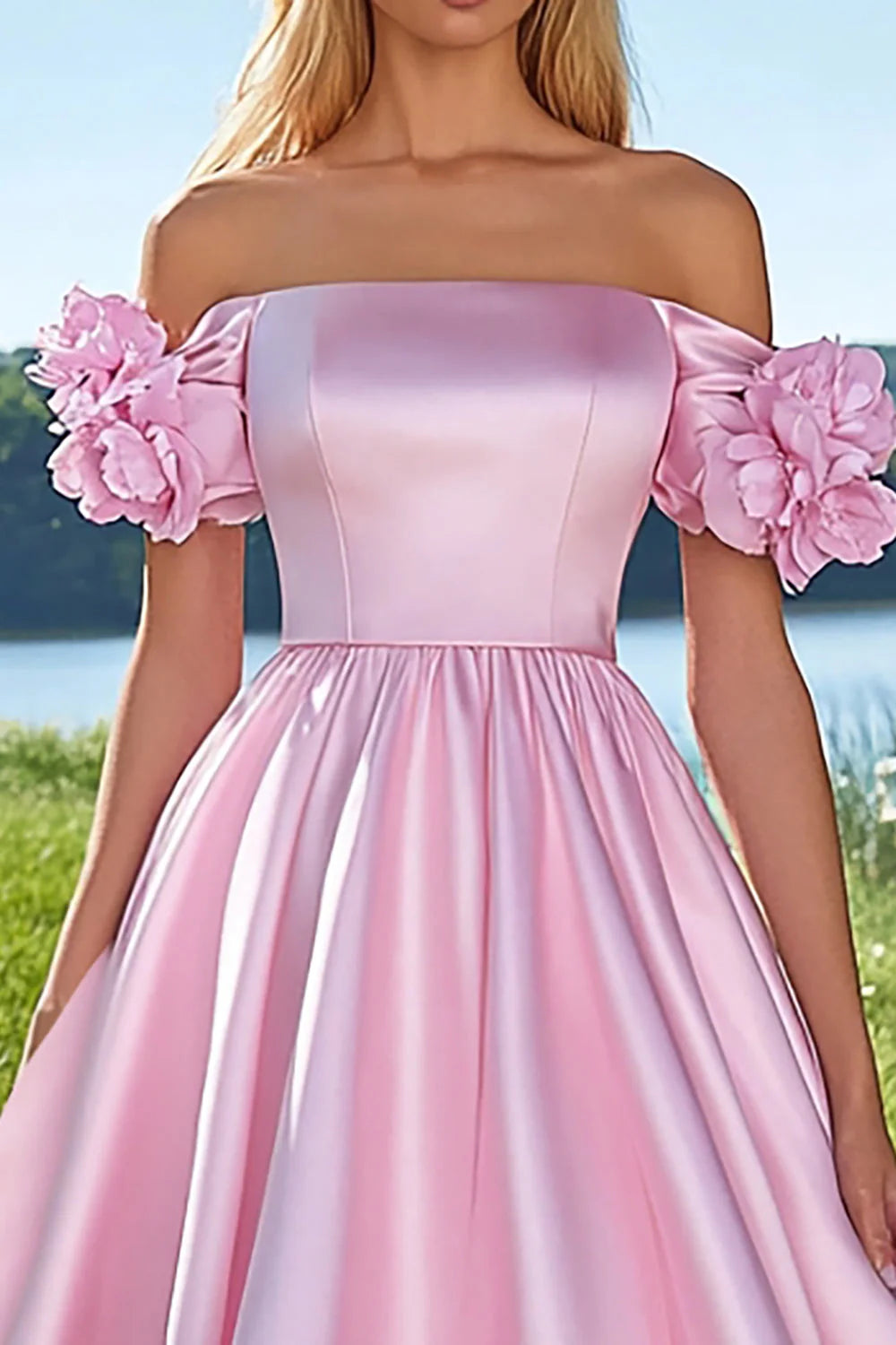 Pink Off the Shoulder Ball Gown Long Satin Prom Dress with Flowers