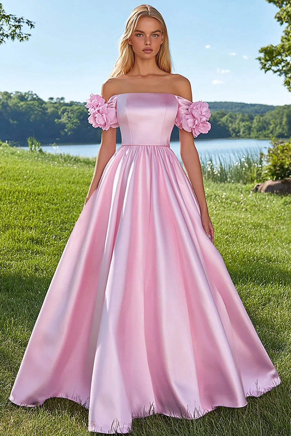 Pink Off the Shoulder Ball Gown Long Satin Prom Dress with Flowers