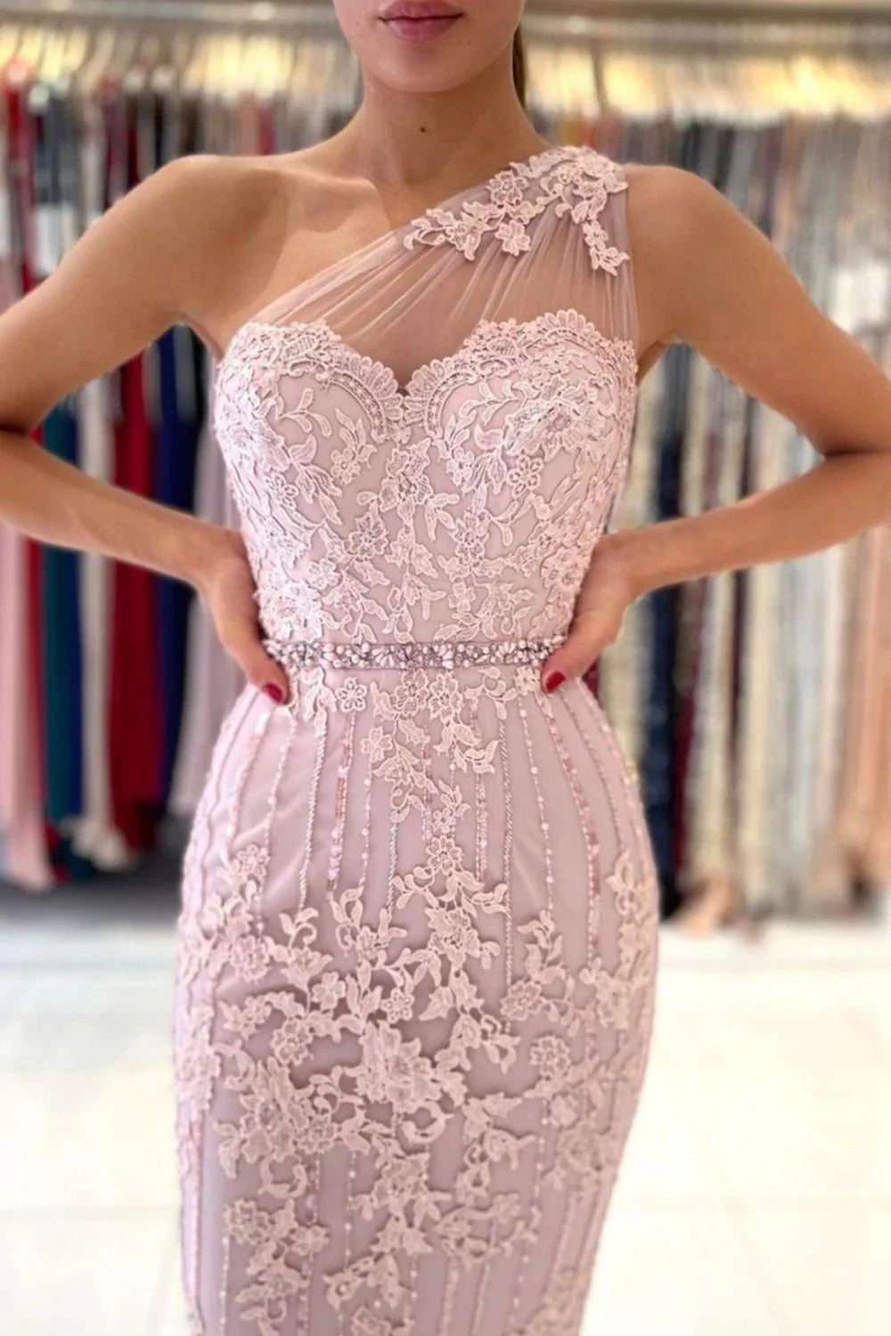 Pink One Shoulder bodycon Homecoming Dress With Belt