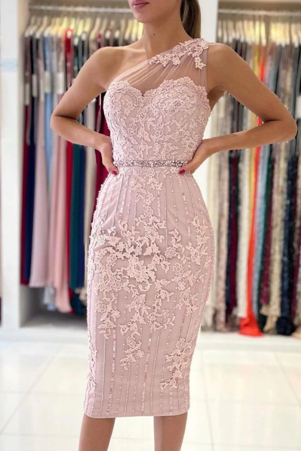 Pink One Shoulder bodycon Homecoming Dress With Belt
