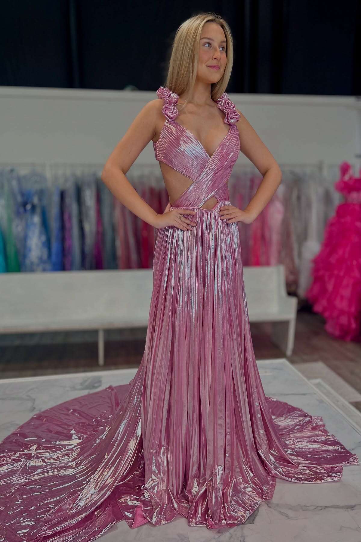 Pink Pleated Metallic Long Full Of Charm Prom Dresses