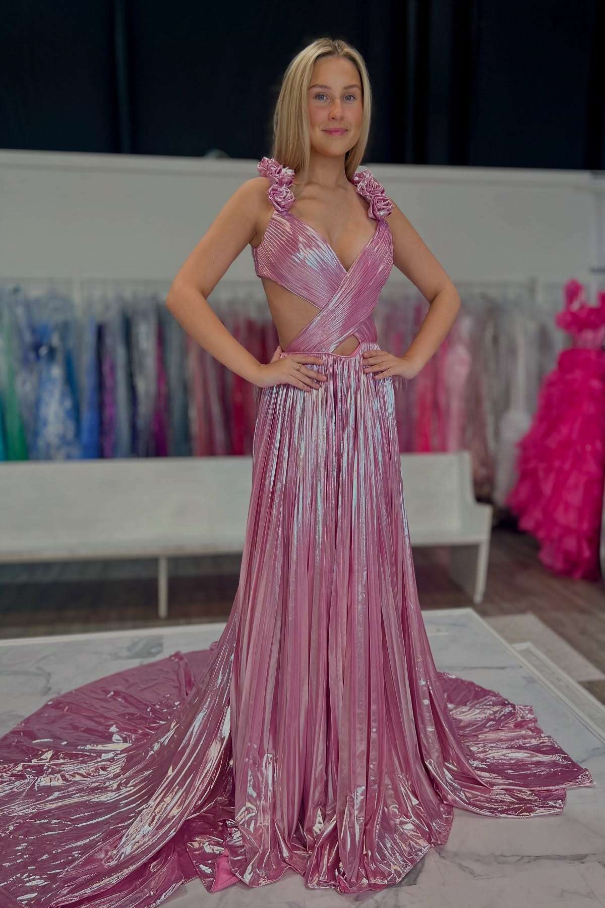 Pink Pleated Metallic Long Full Of Charm Prom Dresses