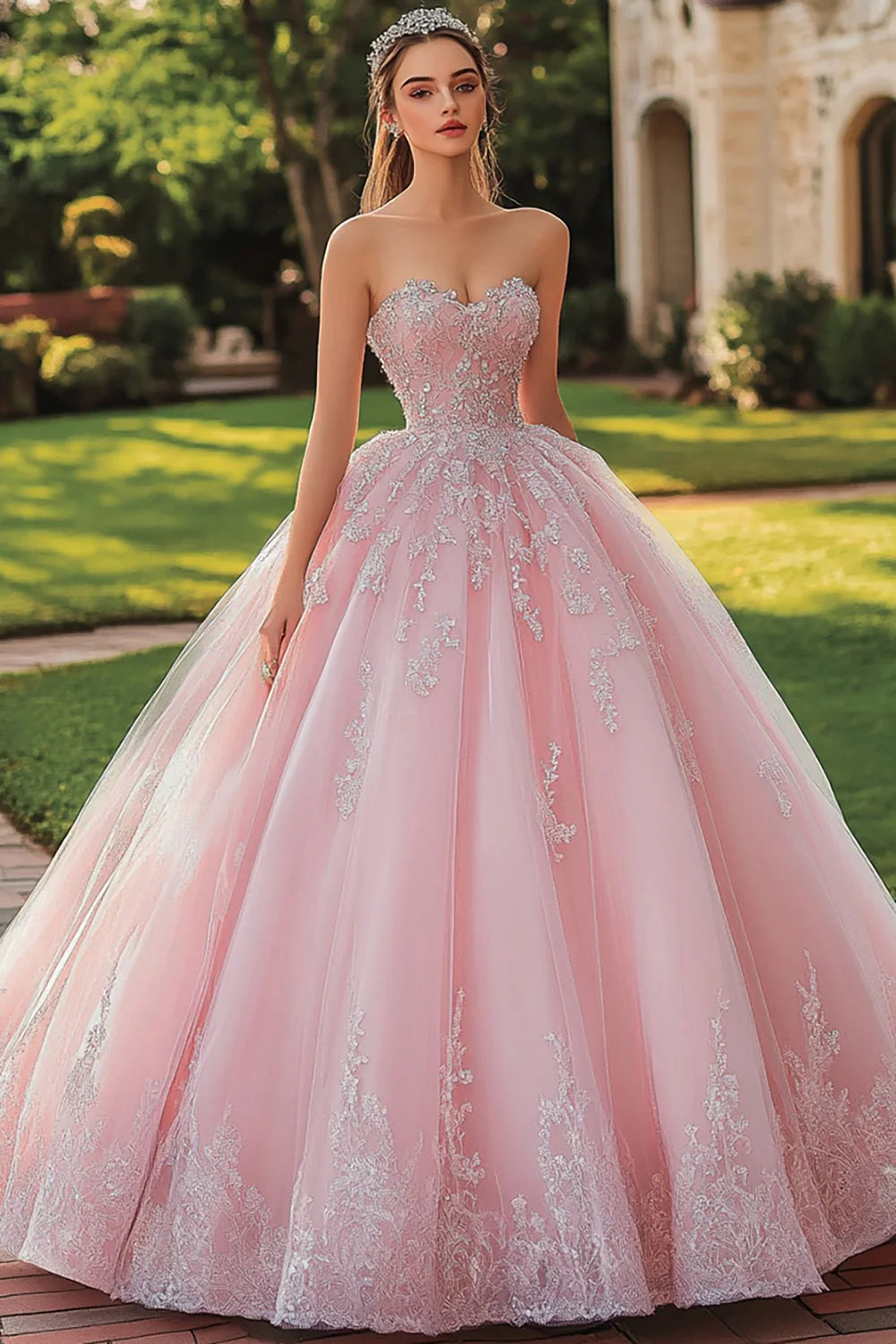 Pink Princess Sweetheart Ball Gown Long Tulle Quinceanera Dress with Lace