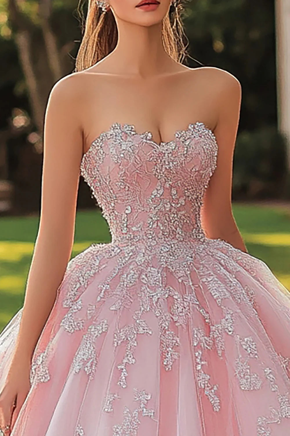 Pink Princess Sweetheart Ball Gown Long Tulle Quinceanera Dress with Lace