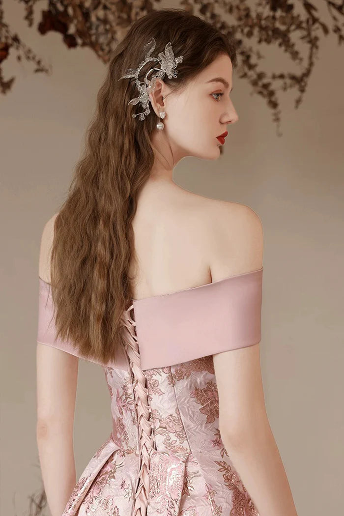 Pink Printed Long Prom Party Dress, Beautiful Off the Shoulder Evening Dress