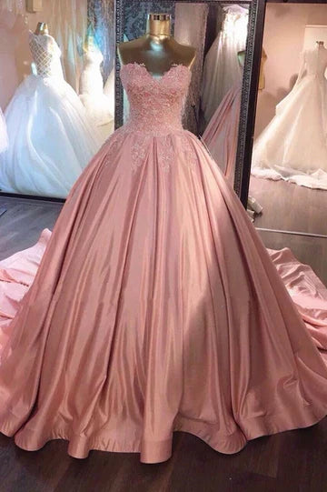 Pink Satin A-Line Lace Appliques Sweetheart Strapless Prom Dress