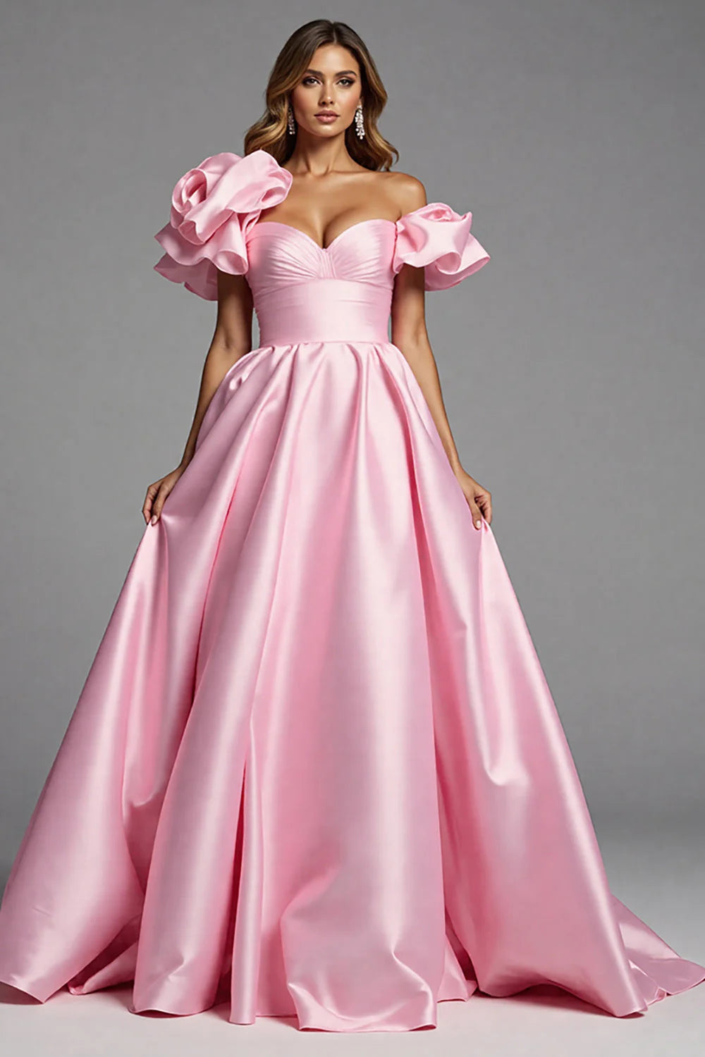 Pink Satin A Line Off the Shoulder Long Prom Dress with Ruffles