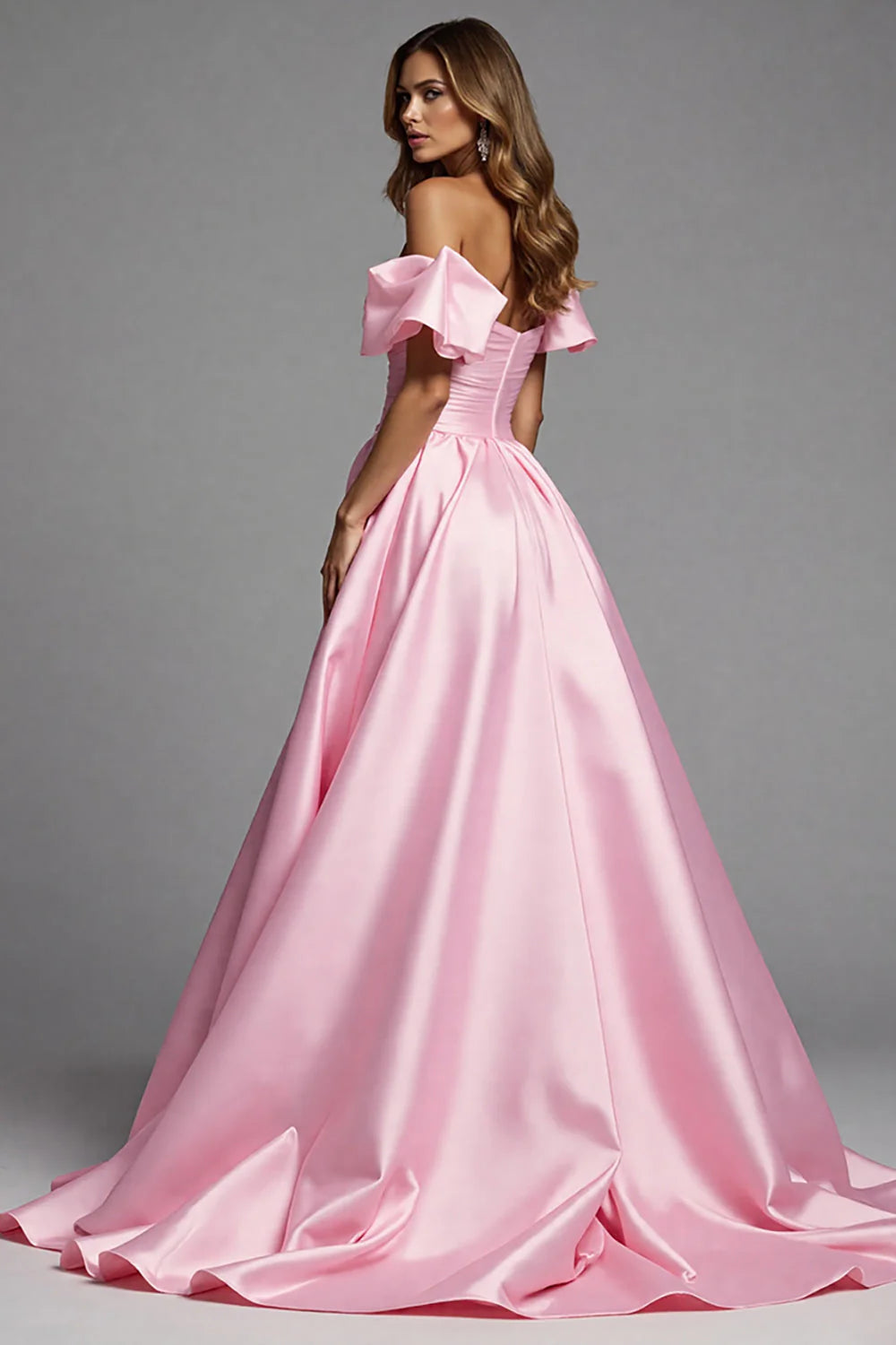 Pink Satin A Line Off the Shoulder Long Prom Dress with Ruffles
