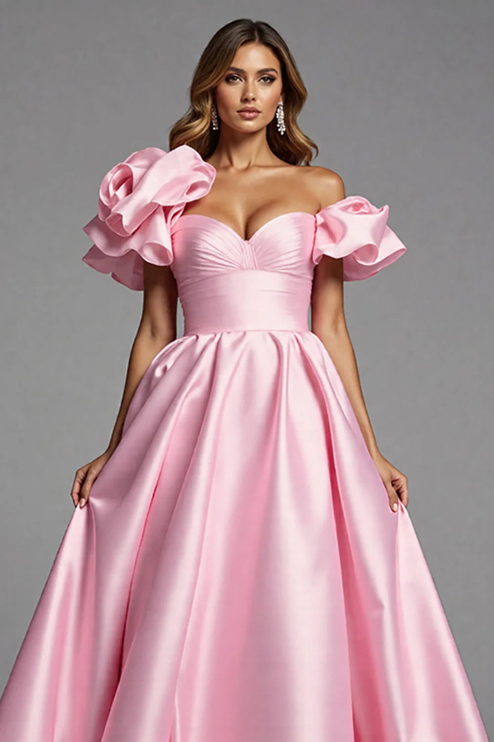 Pink Satin A Line Off the Shoulder Long Prom Dress with Ruffles