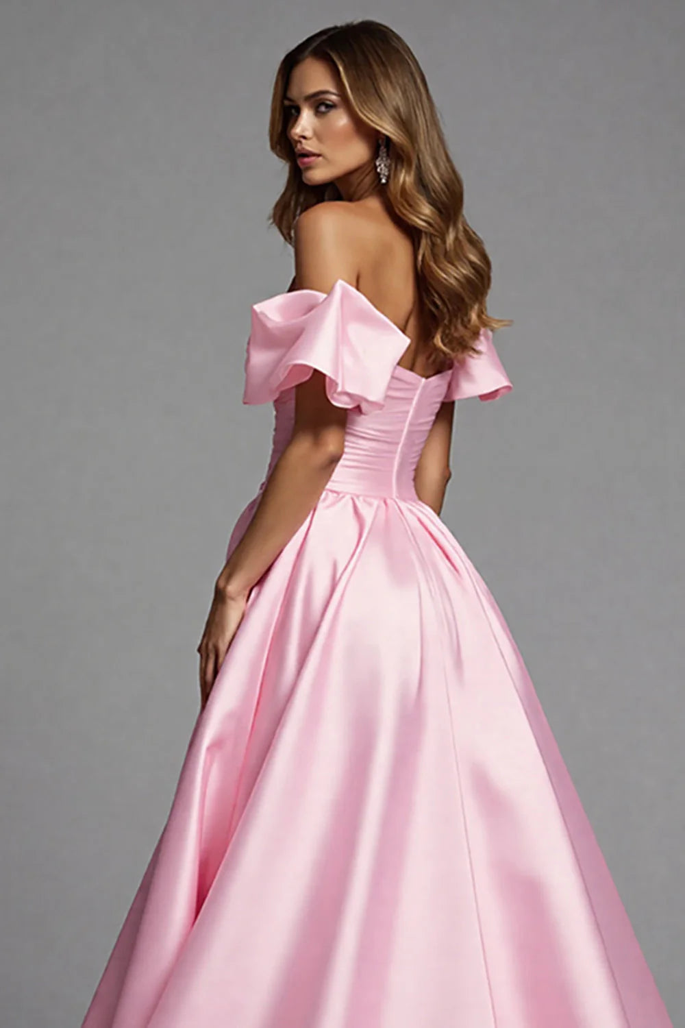 Pink Satin A Line Off the Shoulder Long Prom Dress with Ruffles