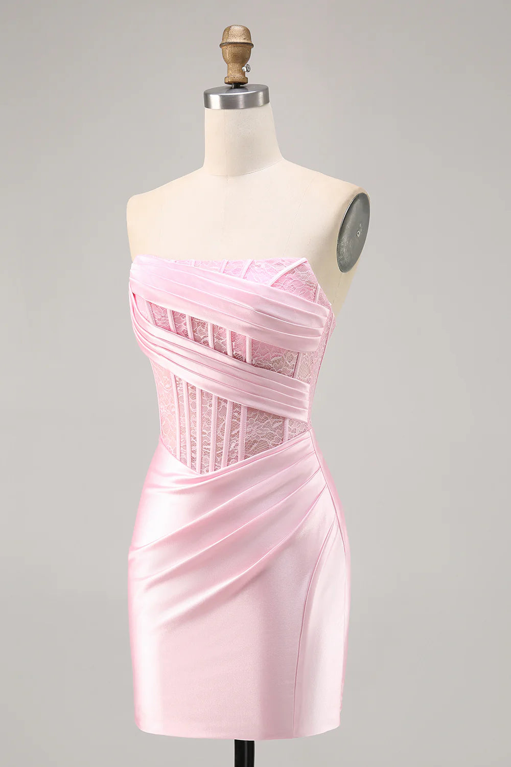 Pink Satin Corset Strapless Ruched Bodycon Homecoming Dress