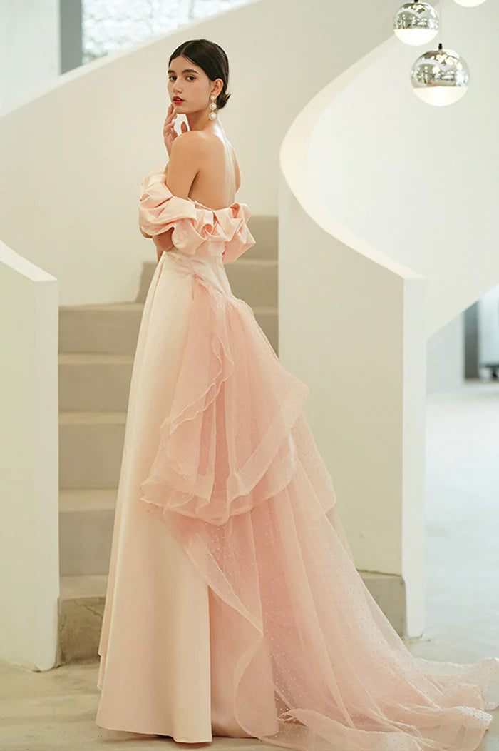 Pink Satin Long A-Line Prom Dress, Pink Strapless Evening Party Dress