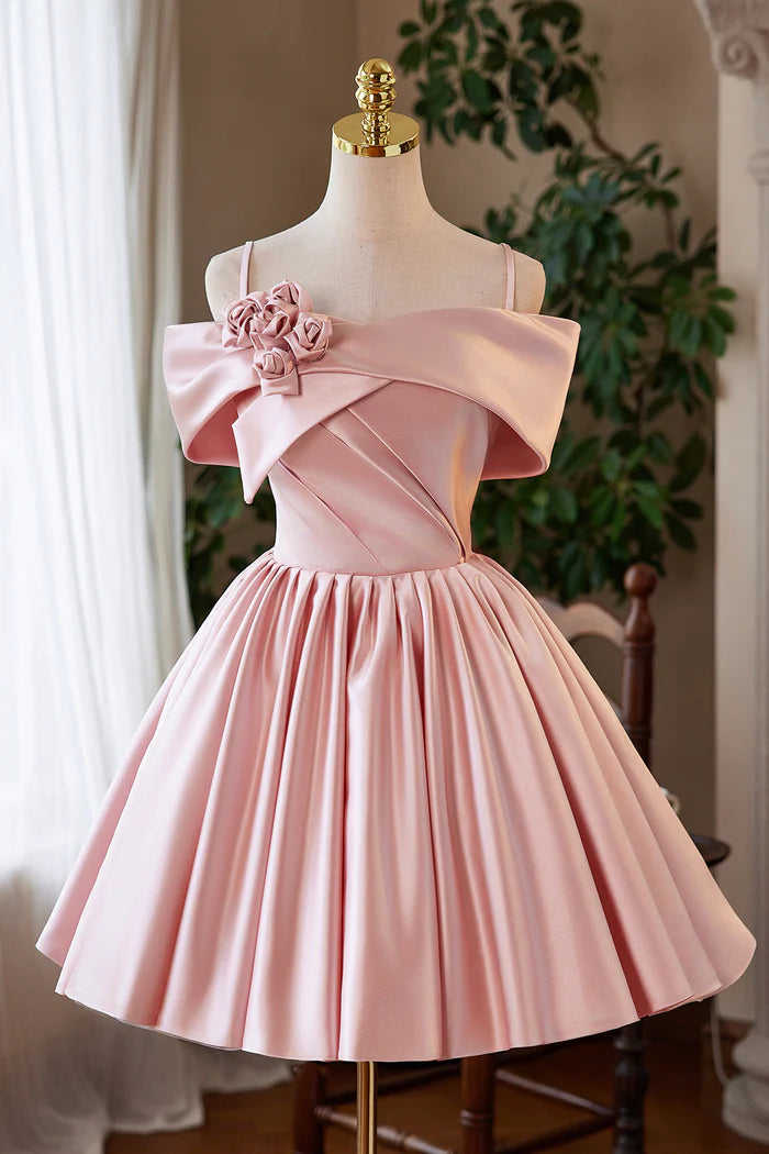 Pink Satin Long Prom Dress, Pink Off the Shoulder Homecoming Party Dress