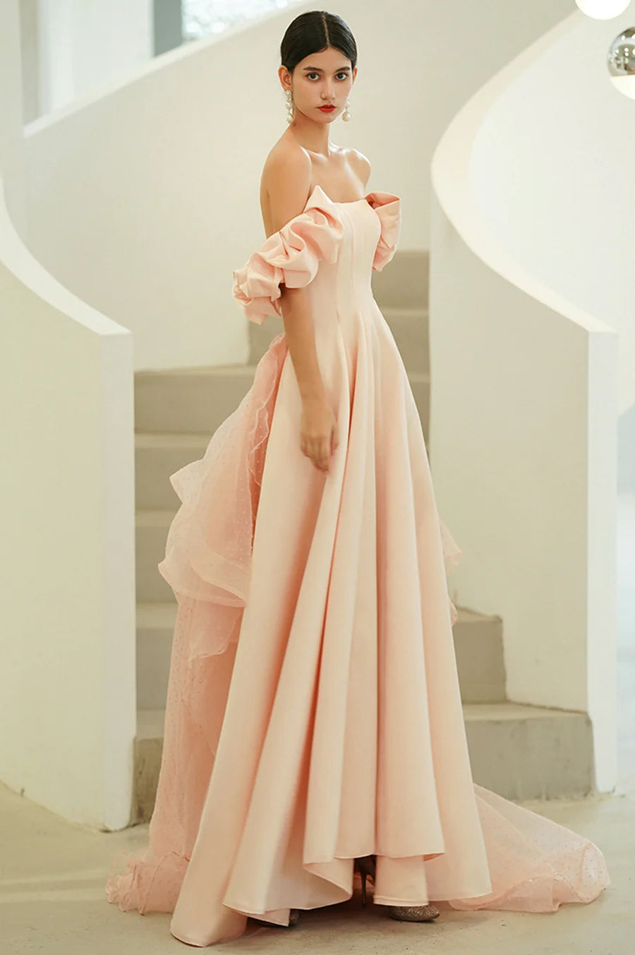 Pink Satin Long Prom Dresses, A-Line Off the Shoulder Evening Party Dresses
