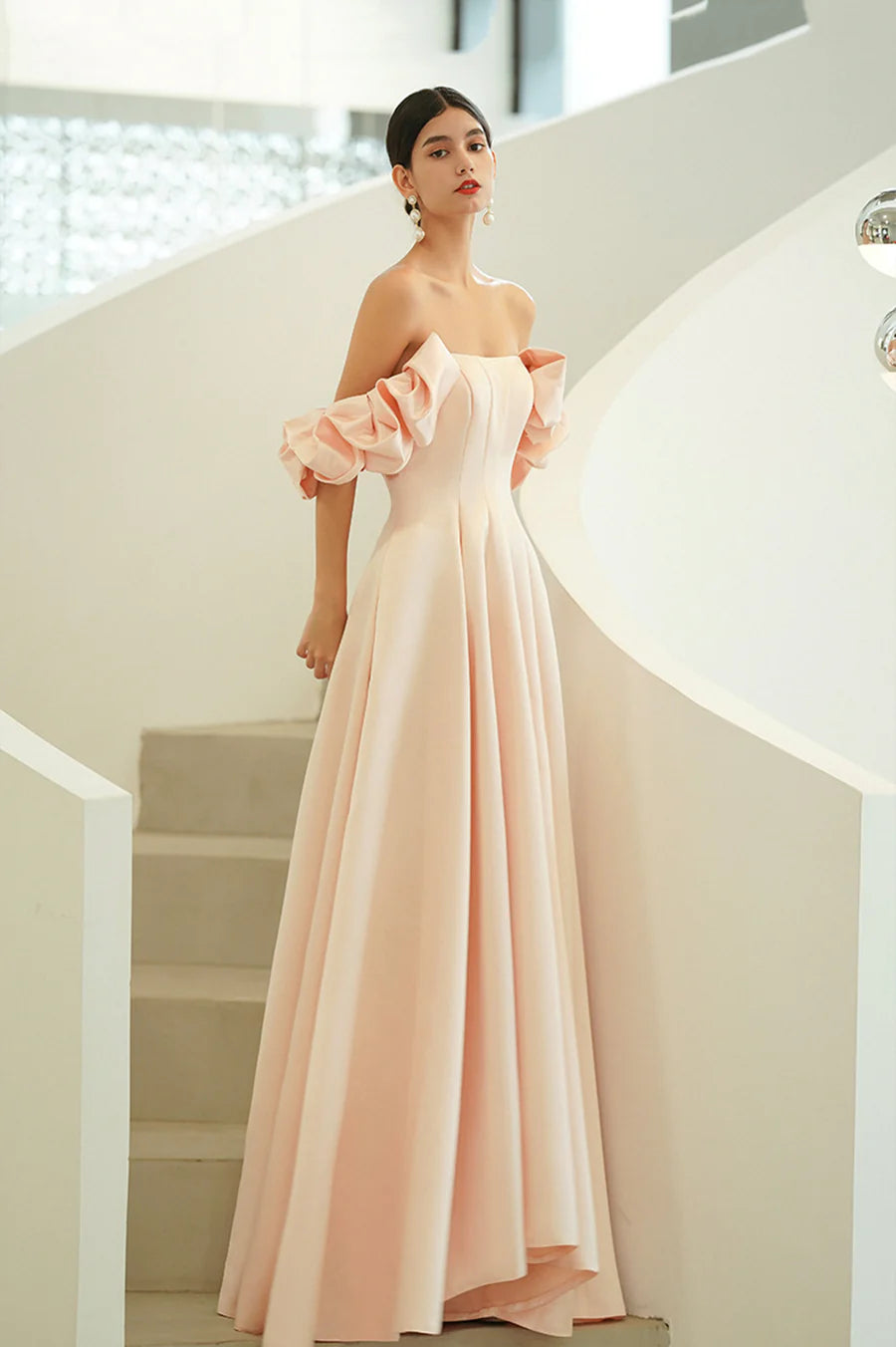 Pink Satin Long Prom Dresses, A-Line Off the Shoulder Evening Party Dresses