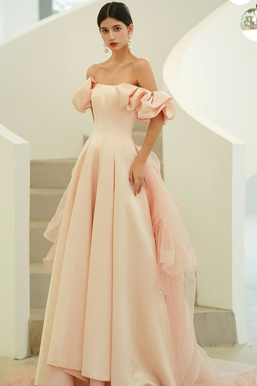 Pink Satin Long Prom Dresses, A-Line Off the Shoulder Evening Party Dresses