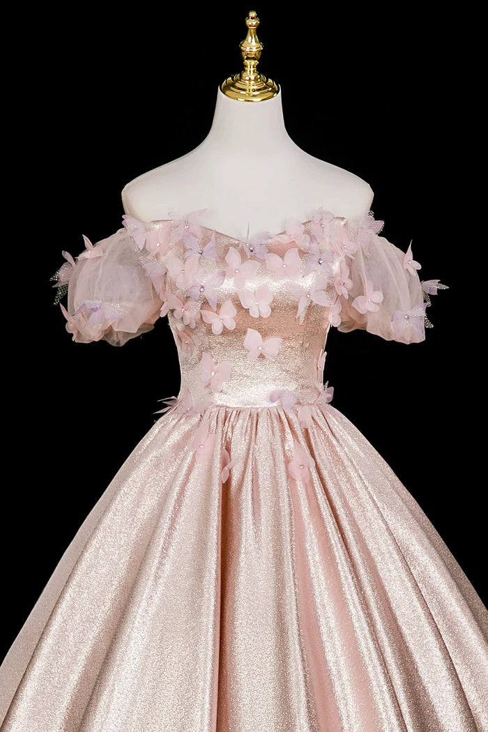 Pink Satin Long Prom Dress with Butterfly, Beautiful Off the Shoulder Party Dress