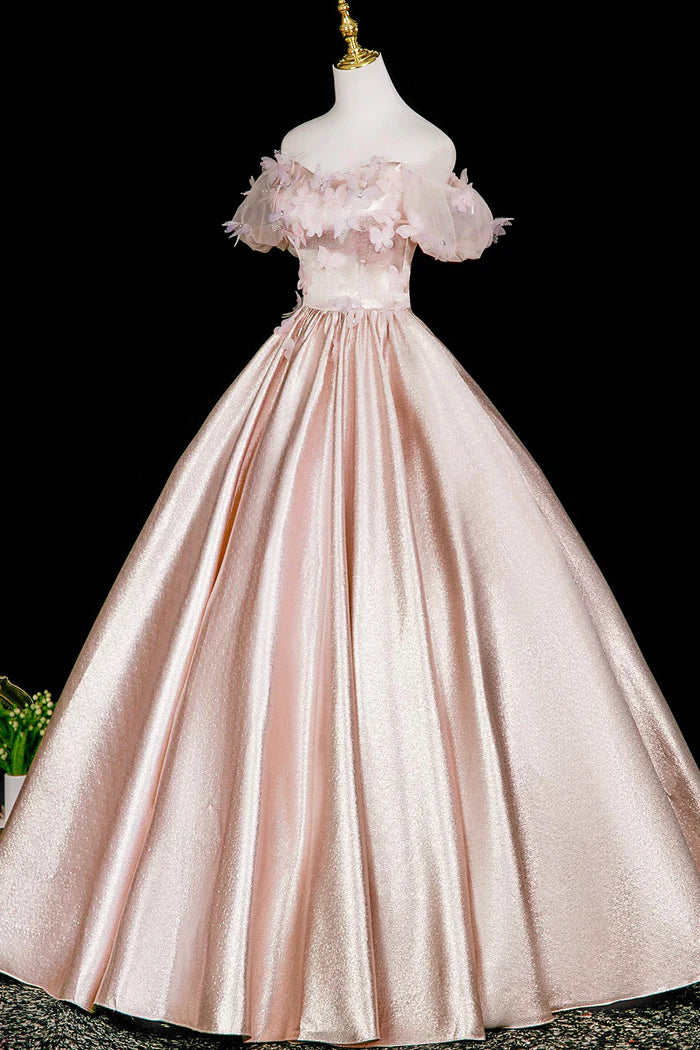 Pink Satin Long Prom Dress with Butterfly, Beautiful Off the Shoulder Party Dress