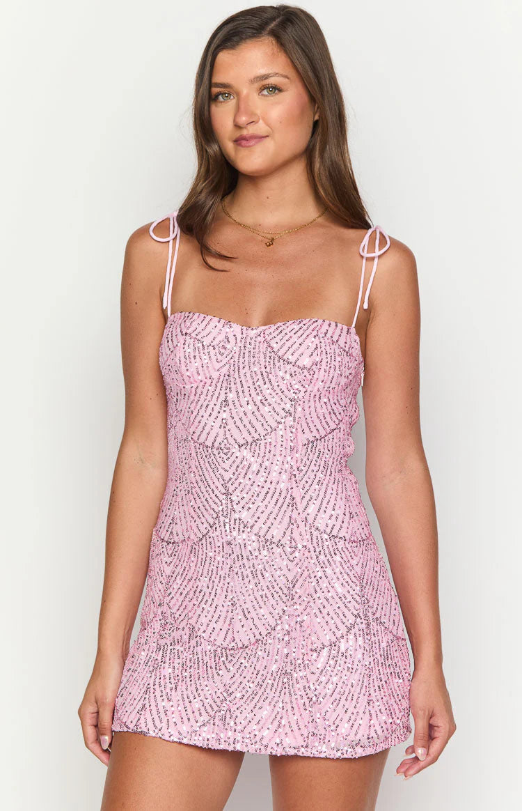 Pink Sequin Adjustable tie shoulder straps Mini Dress