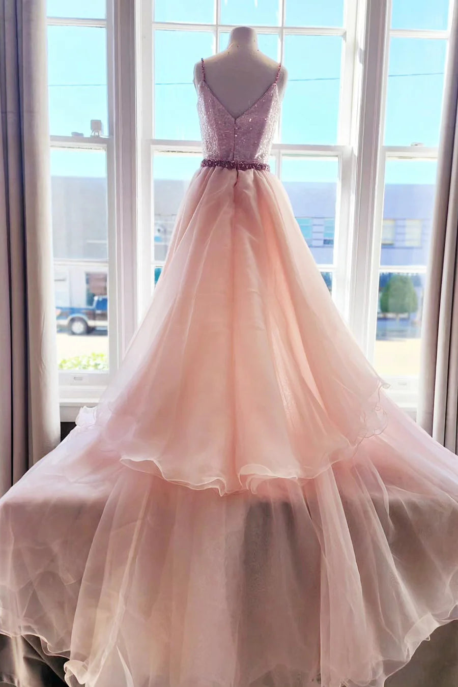 Pink Sequin V-Neck Backless Long Formal Dress with Attached Train