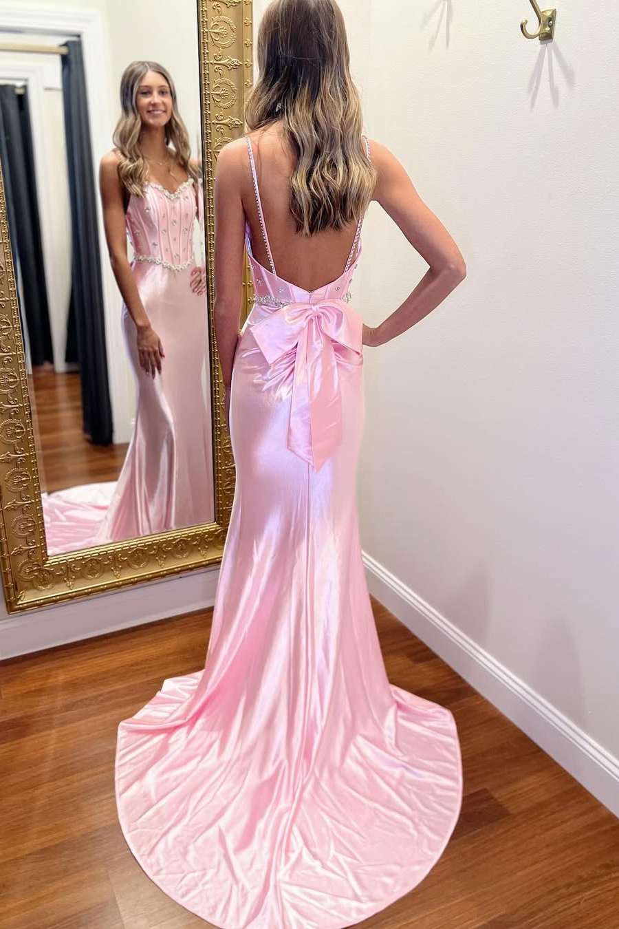 Pink Spaghetti Straps V-Neck Beads Mermaid Prom Dress with Bow
