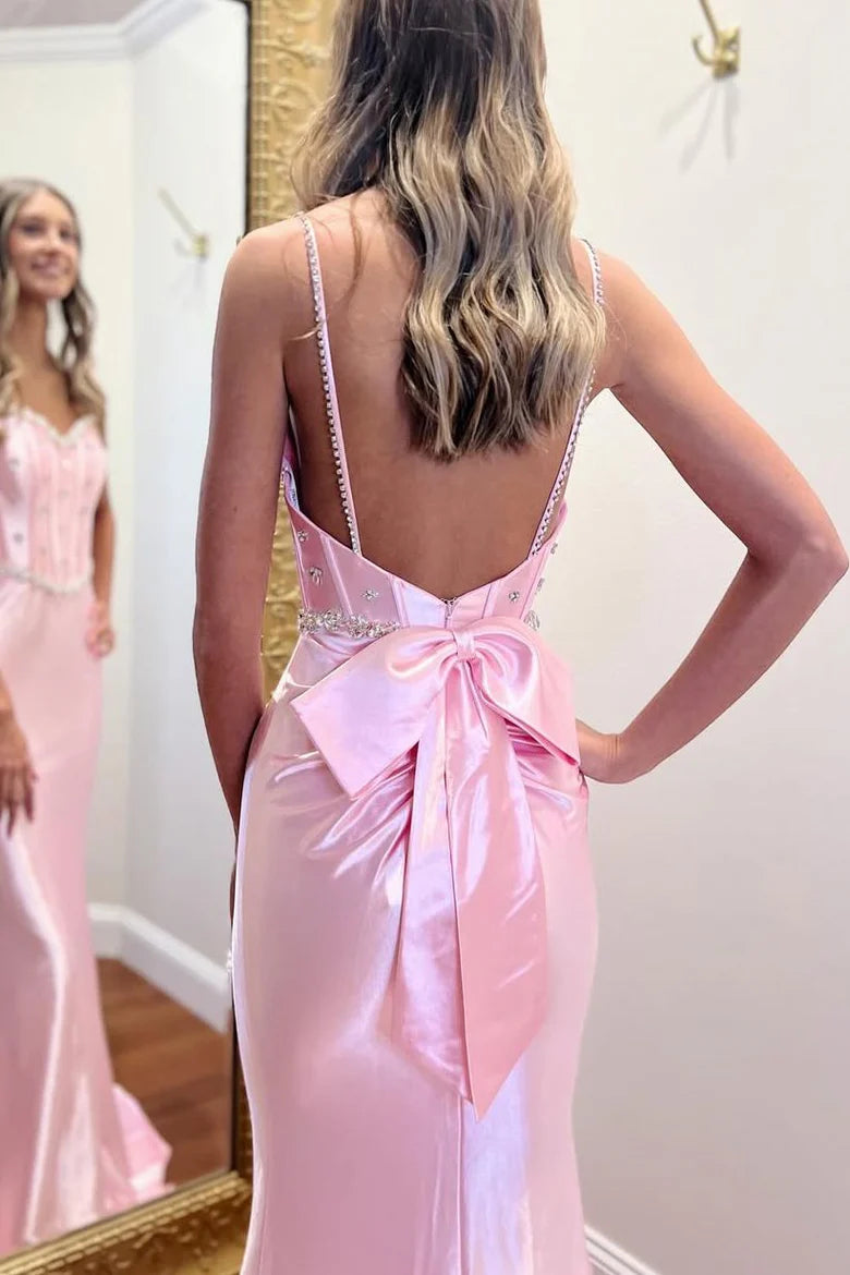 Pink Spaghetti Straps V-Neck Beads Mermaid Prom Dress with Bow