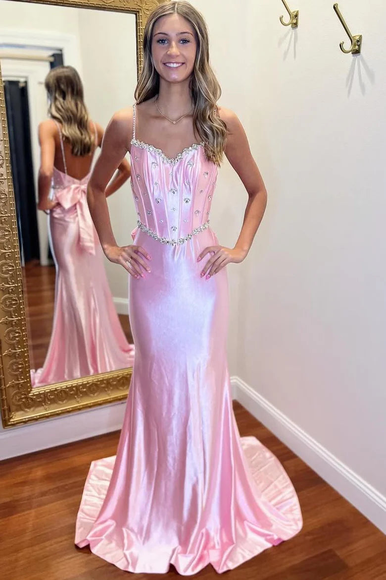 Pink Spaghetti Straps V-Neck Beads Mermaid Prom Dress with Bow