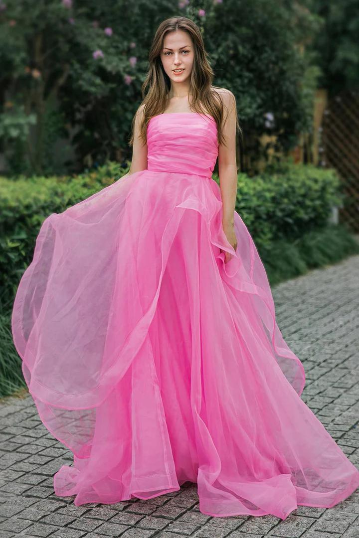Pink Strapless A-Line Empire-Waist Sleeveless Long Formal Prom Dress