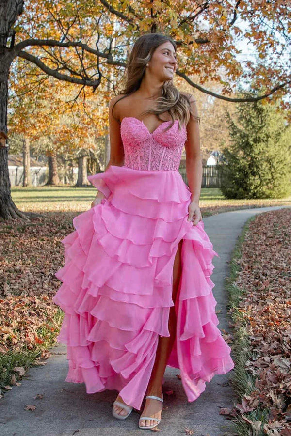 Pink Strapless Lace Corset Tiered Chiffon with Slit Evening Dresses