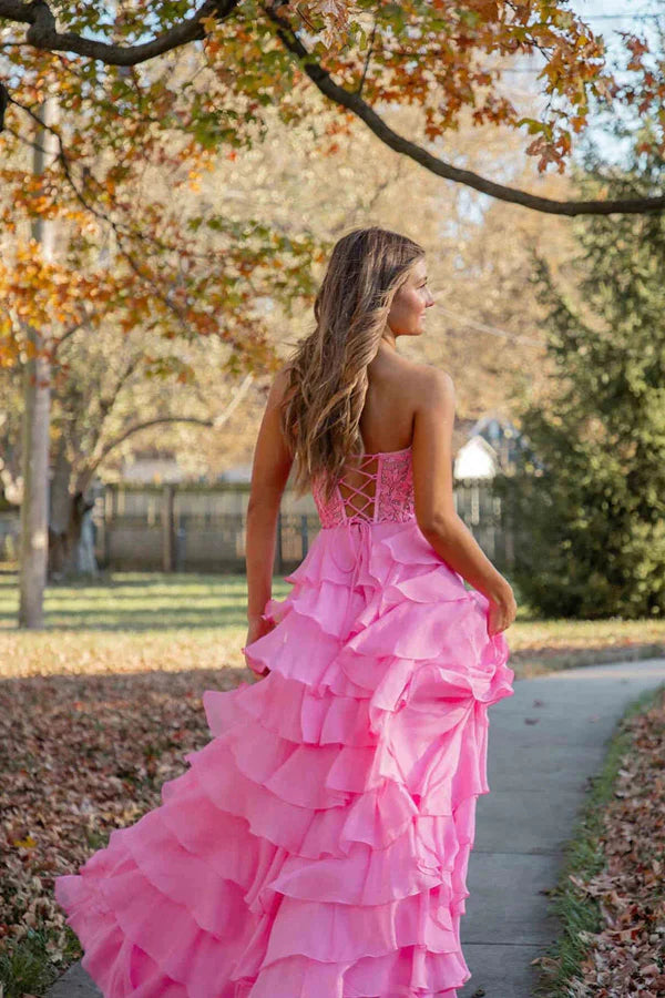 Pink Strapless Lace Corset Tiered Chiffon with Slit Evening Dresses