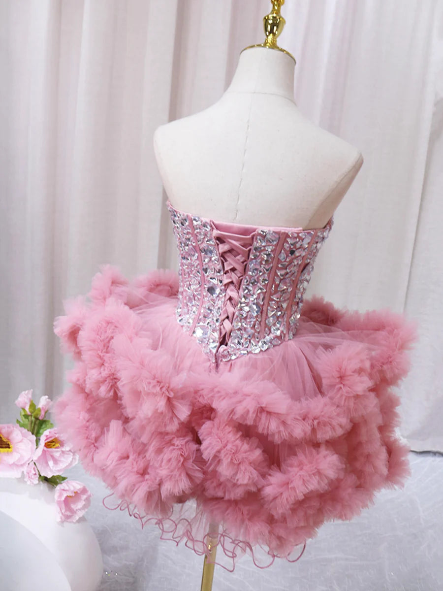 Pink Sweetheart Neckline Tulle Short Prom Dress with Rhinestones, Cute Party Dress