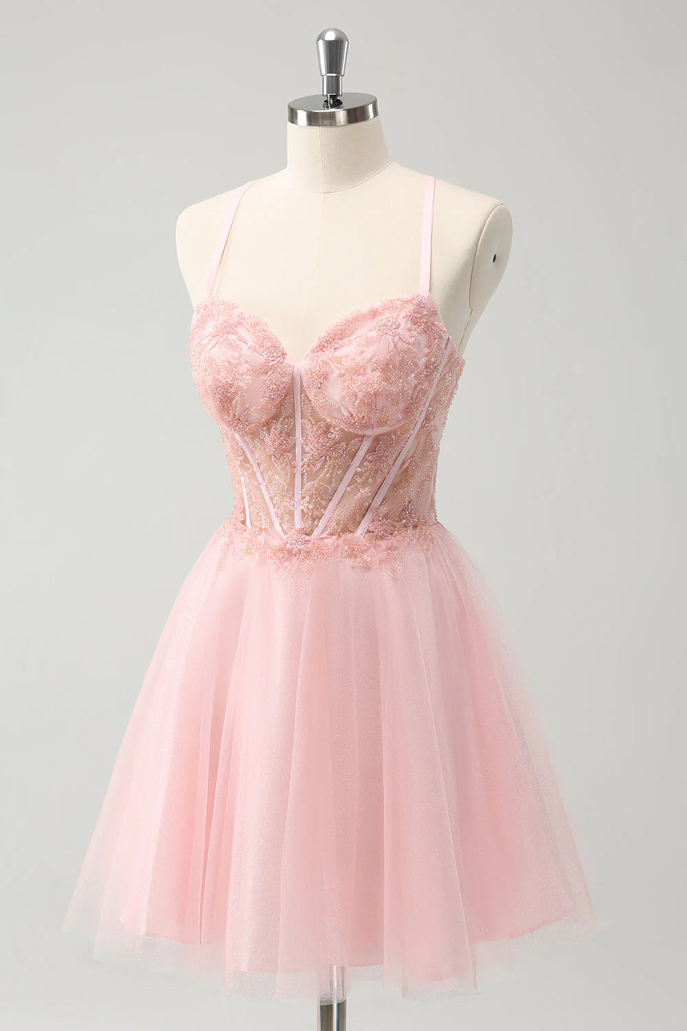 Pink Tulle A Line Corset Short Homecoming Dress with Beading