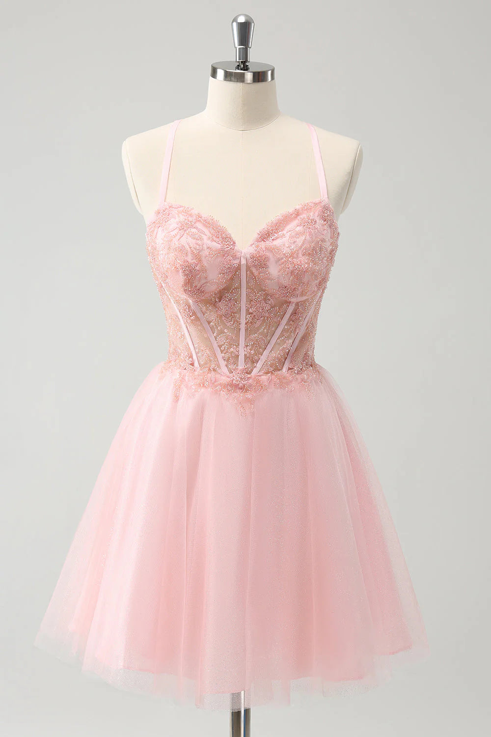 Pink Tulle A Line Corset Short Homecoming Dress with Beading