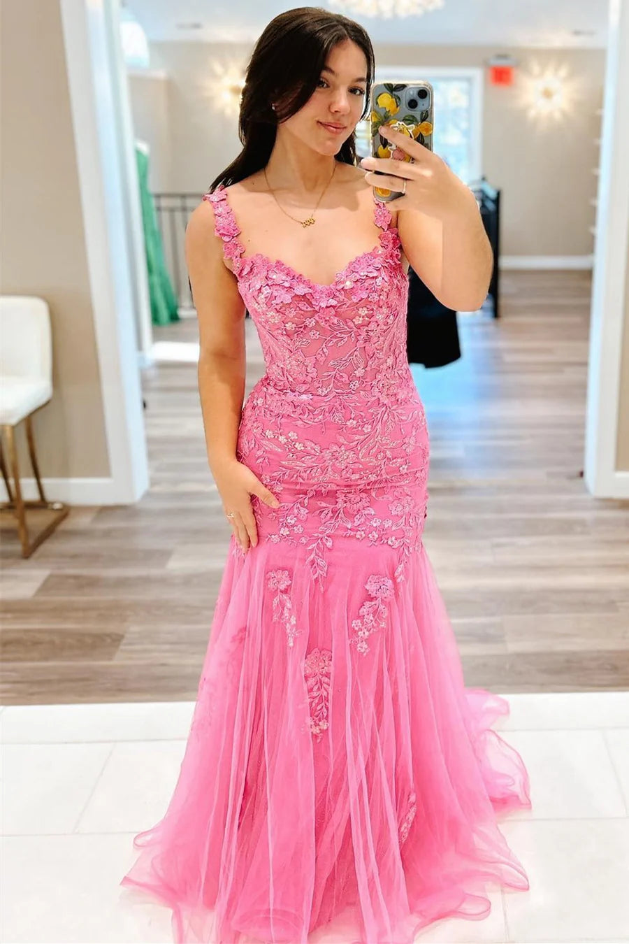 Pink Tulle Appliques Off-the-Shoulder Trumpet Long Prom Dress