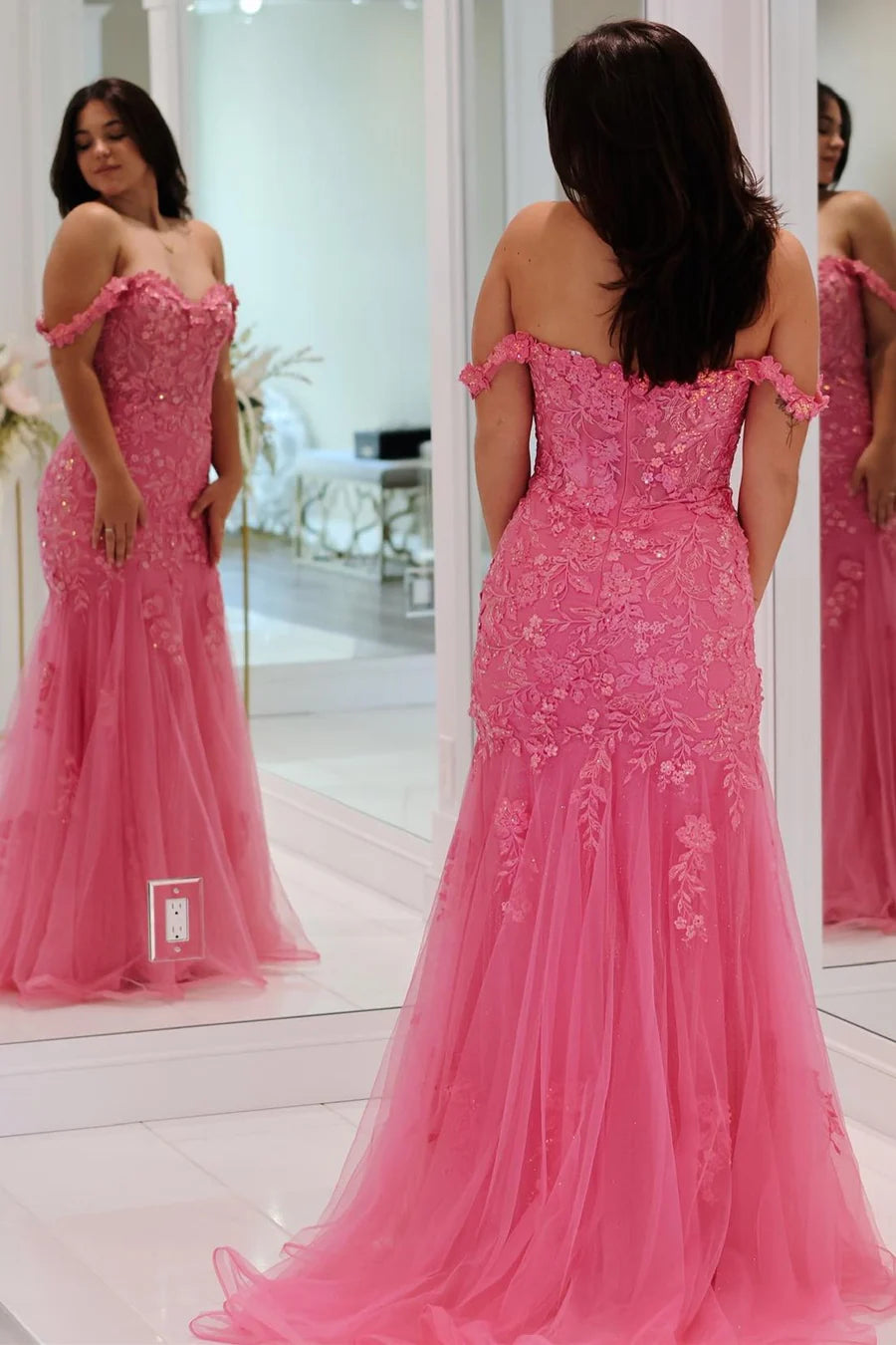 Pink Tulle Appliques Off-the-Shoulder Trumpet Long Prom Dress