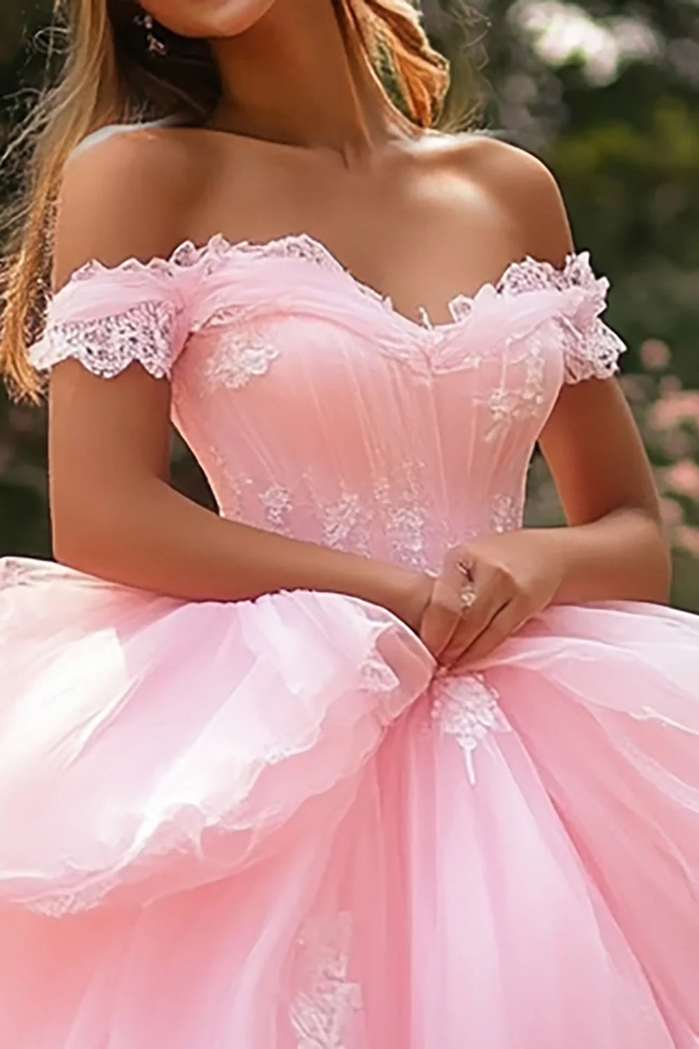 Pink Tulle Ball Gown Long Appliqued Quinceanera Dress with Ruffles