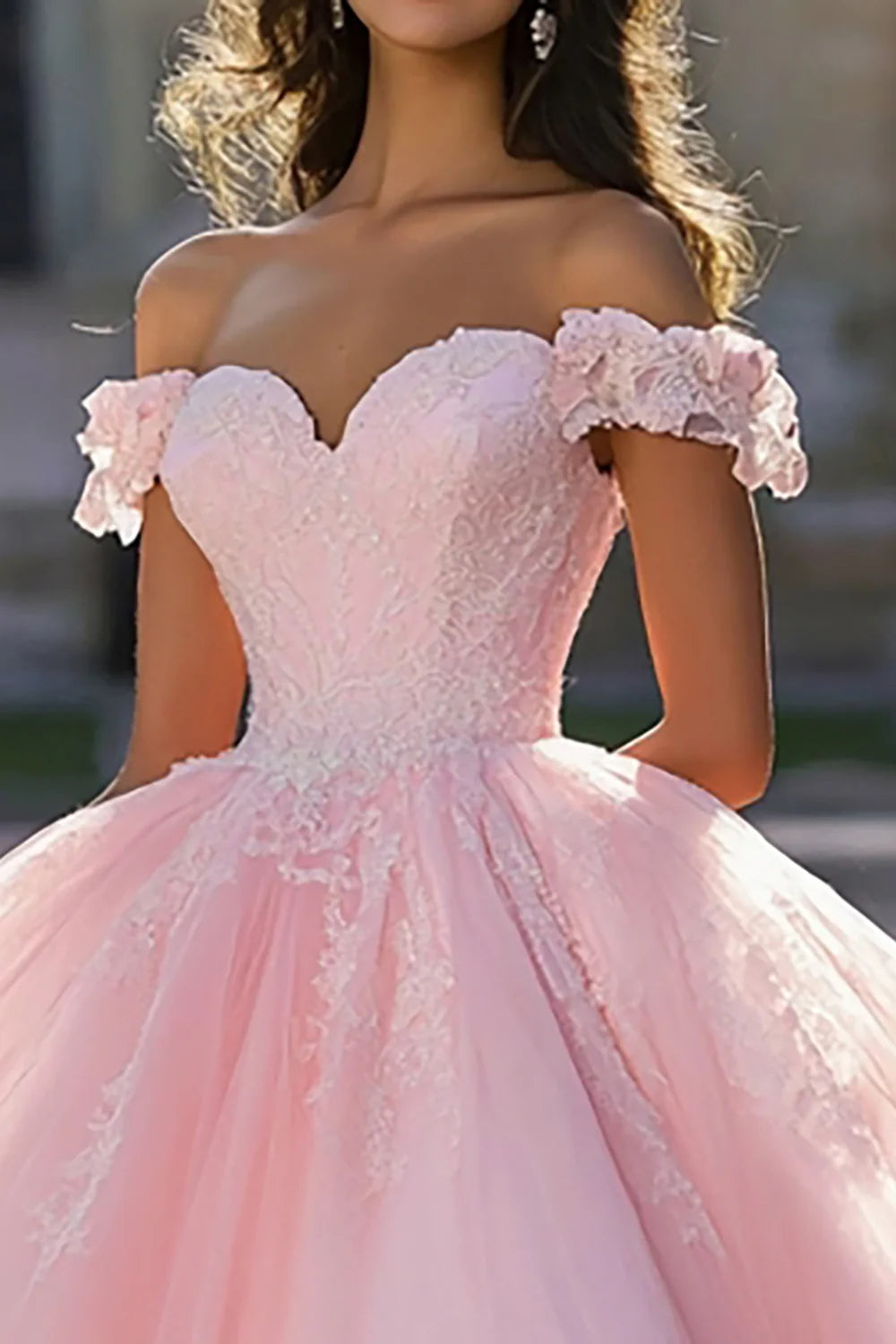 Pink Tulle Ball Gown Off the Shoulder Long Quinceanera Dress with Lace