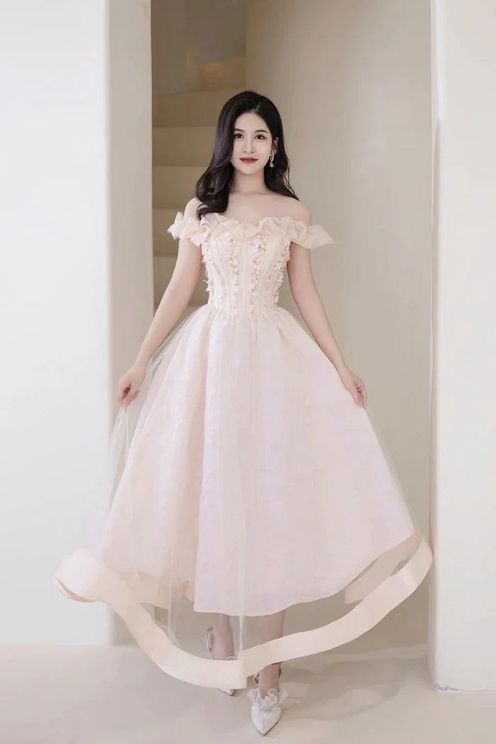 Pink Tulle Beaded Short Prom Dress, Pink Off Shoulder Evening Party Dress