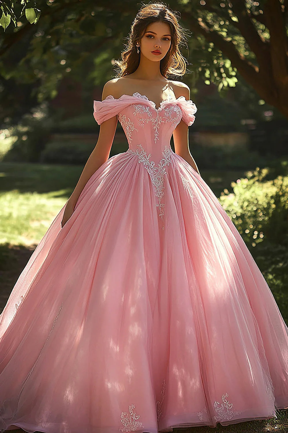 Pink Tulle Corset Princess Ball Gown Long Quinceanera Dress with Appliques