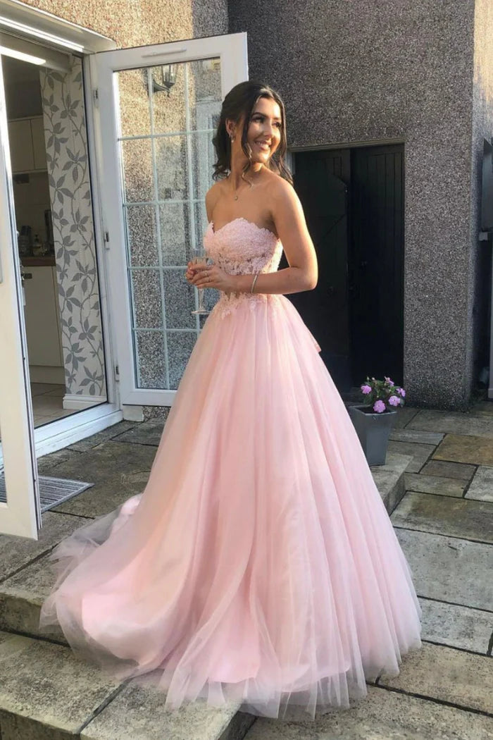 Pink Tulle Lace Long A-Line Prom Dress, Lovely Strapless Evening Graduation Dress